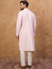 Ethnic Bay Men Pink Silk Blend Solid Embroidered Straight Kurta With Pant Set-MKSET1512