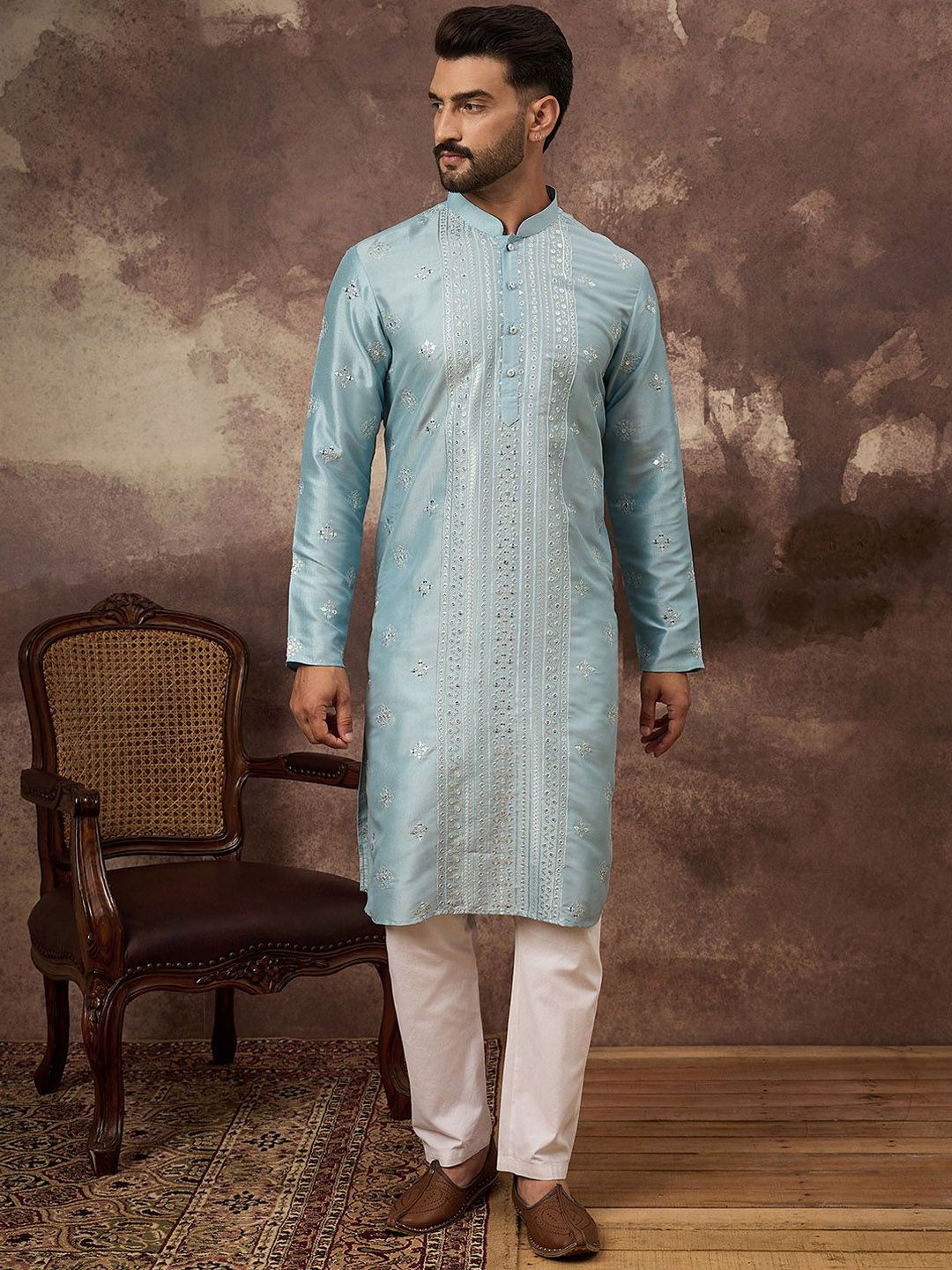 Ethnic Bay Men Blue Silk Blend Solid Embroidered Straight Kurta With Pant Set-MKSET1365