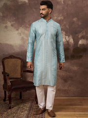 Ethnic Bay Men Blue Silk Blend Solid Embroidered Straight Kurta With Pant Set-MKSET1365