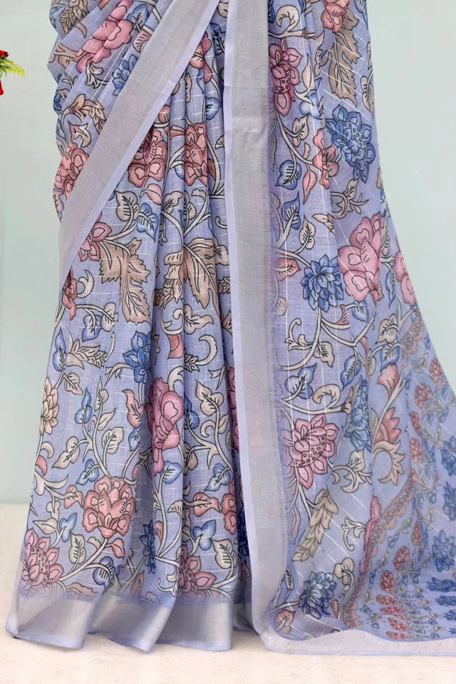 Linen Digital Print Lavender Saree With Unstiched Blouse Piece
