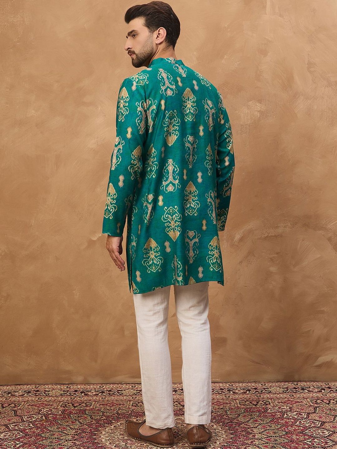 Ethnic Bay Men Blue Viscose Rayon Ikat Printed Straight Kurta With Pant Set-MKSET1546