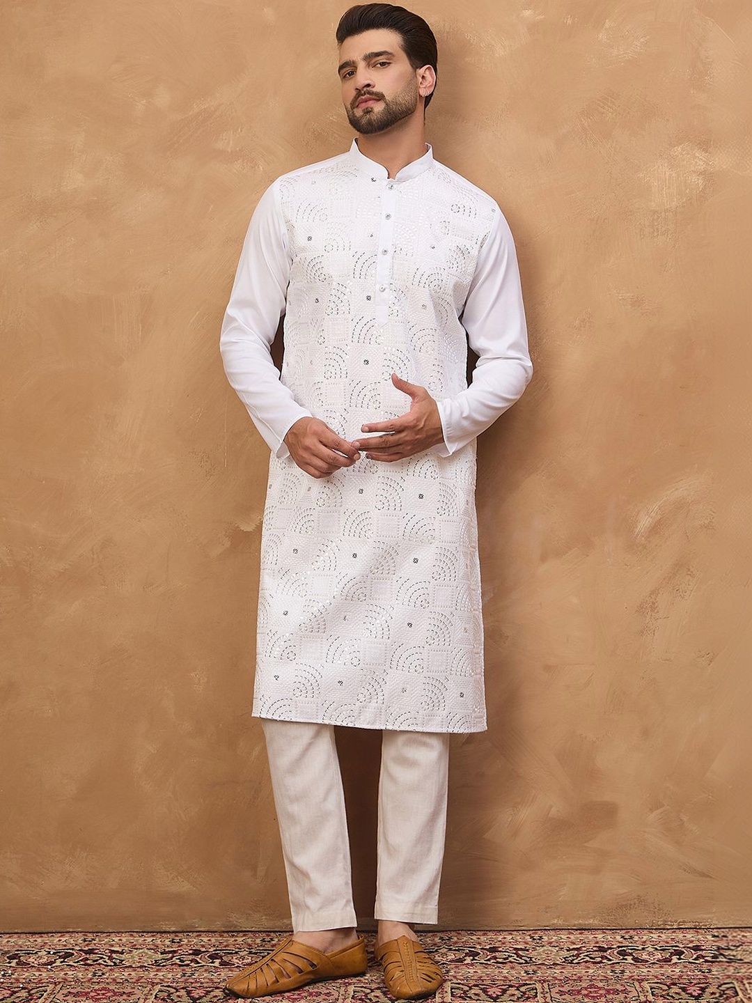 Ethnic Bay Men White Silk Blend Solid Embroidered Straight Kurta With Pant Set-MKSET1444