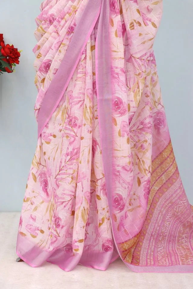 Linen Digital Print Pink Saree With Unstiched Blouse Piece