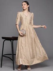 Beige Chanderi Gold Foil Print Dress-AHDRCHGP-996
