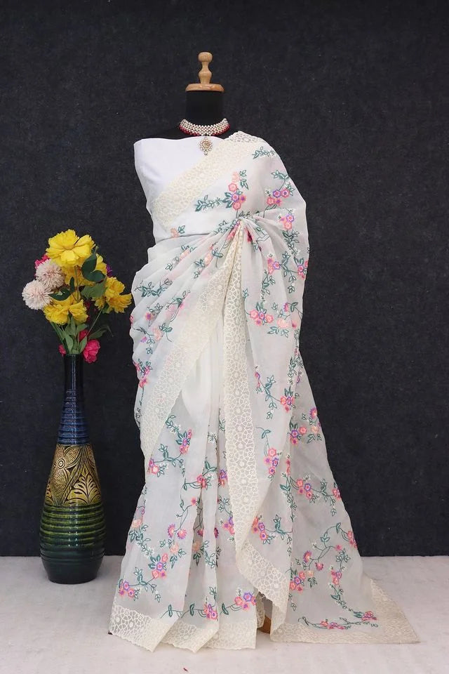 Embroidery White Saree With Unstiched Blouse Piece