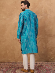 Ethnic Bay Men Blue Silk Blend Geometric Printed Straight Kurta With Pant Set-MKSET1519