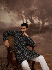 Ethnic Bay Men Black Viscose Rayon Geometric Embroidered Straight Kurta With Pant Set-MKSET1403