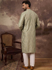 Ethnic Bay Men Green Silk Blend Solid Embroidered Straight Kurta With Pant Set-MKSET1356