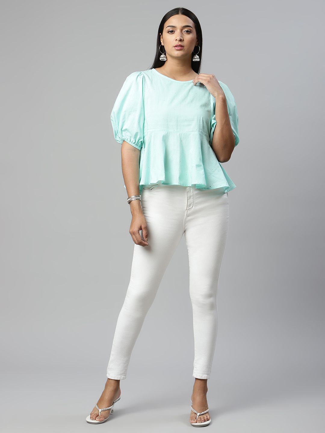 Light Blue Cotton Printed Tunic Top - Indian Kurtis for Women