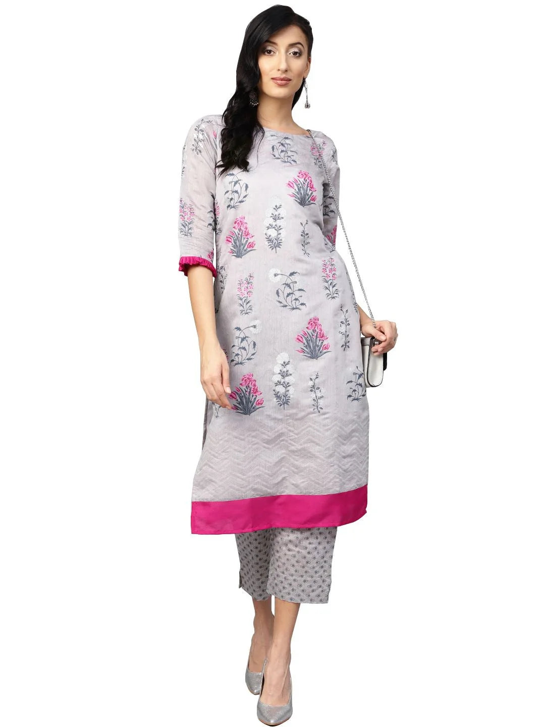 Grey Chanderi Silk Printed Kurta Pant Set | Women's Kurta Sets