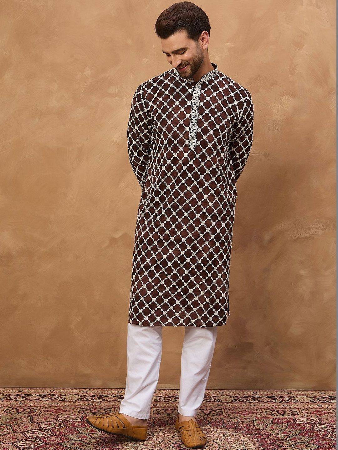Ethnic Bay Men Brown Viscose Rayon Solid Embroidered Straight Kurta With Pant Set-MKSET1536