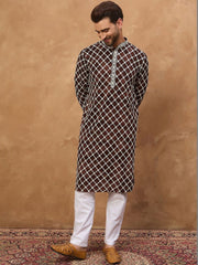 Ethnic Bay Men Brown Viscose Rayon Solid Embroidered Straight Kurta With Pant Set-MKSET1536