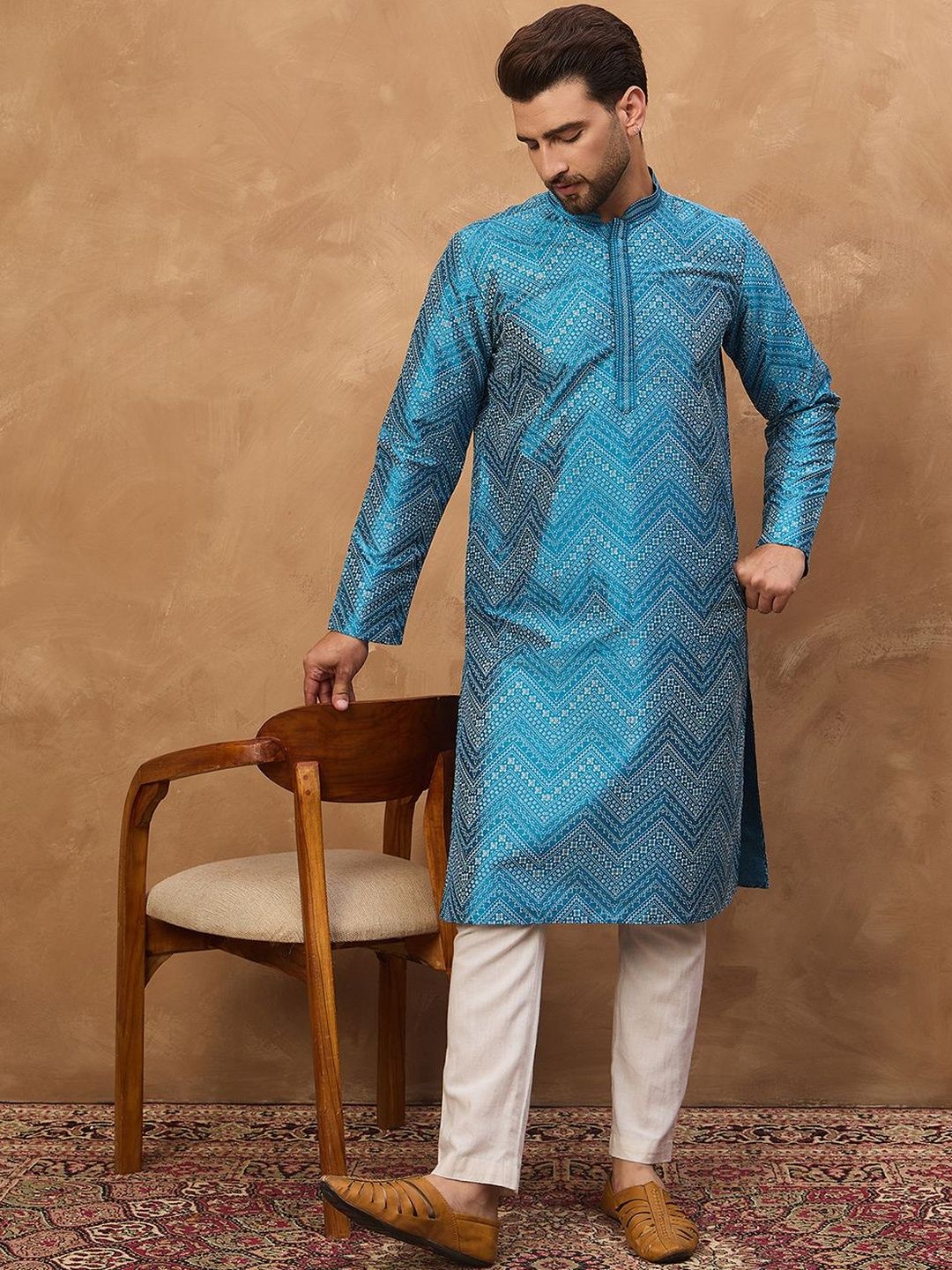 Ethnic Bay Men Blue Silk Blend Geometric Printed Straight Kurta With Pant Set-MKSET1531