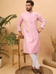 Ethnic Bay Men Pink Silk Blend Solid Embroidered Straight Kurta With Pant Set-MKSET1454