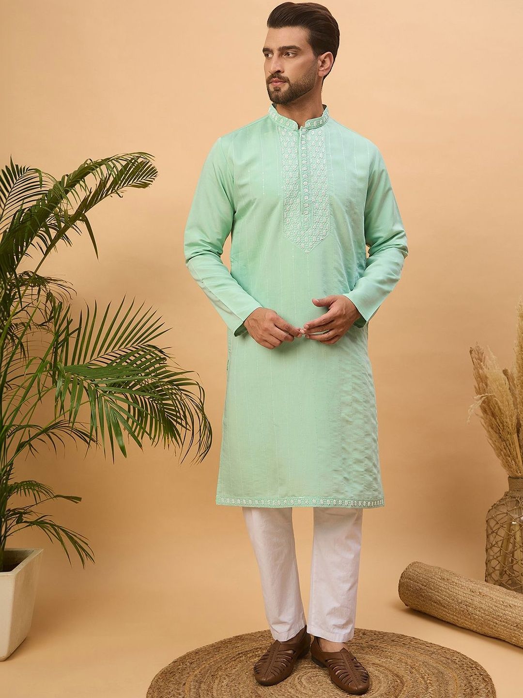 Ethnic Bay Men Blue Silk Blend Solid Embroidered Straight Kurta With Pant Set-MKSET1508