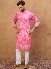 Ethnic Bay Men Pink Silk Blend Batik Embroidered Straight Kurta With Pant Set-MKSET1515
