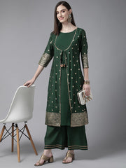 Dark Green Chanderi Gold Printed Kurta Palazzo Set-AHKUJKPZ-COMBO-385
