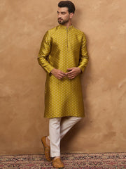 Ethnic Bay Men Yellow Silk Blend Solid Woven Design Straight Kurta With Pant Set-MKSET1459