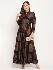 Women Black Crepe Copper Foil Print Dress-AHDRCRFP-900