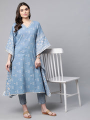 Blue Pure Cotton Printed Kaftan Kurta-AHKFCODCGPDS-6047