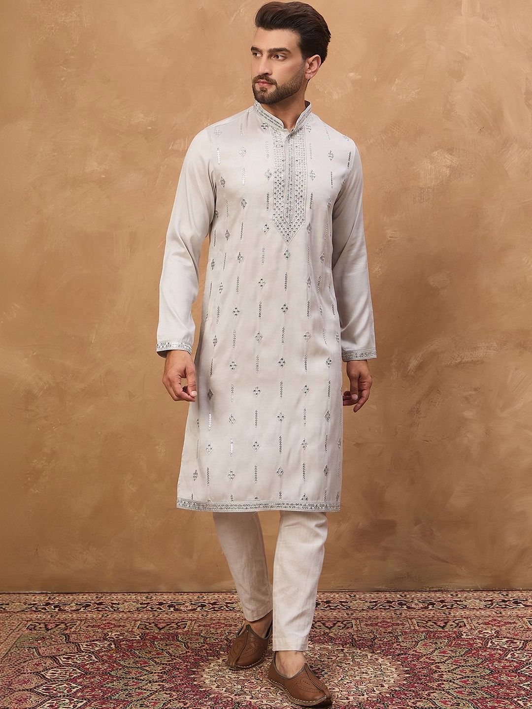 Ethnic Bay Men Grey Silk Blend Solid Embroidered Straight Kurta With Pant Set-MKSET1438