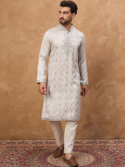 Ethnic Bay Men Grey Silk Blend Solid Embroidered Straight Kurta With Pant Set-MKSET1438