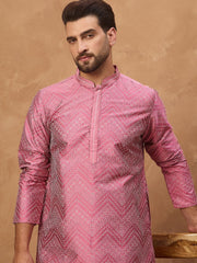 Ethnic Bay Men Pink Silk Blend Geometric Printed Straight Kurta With Pant Set-MKSET1532
