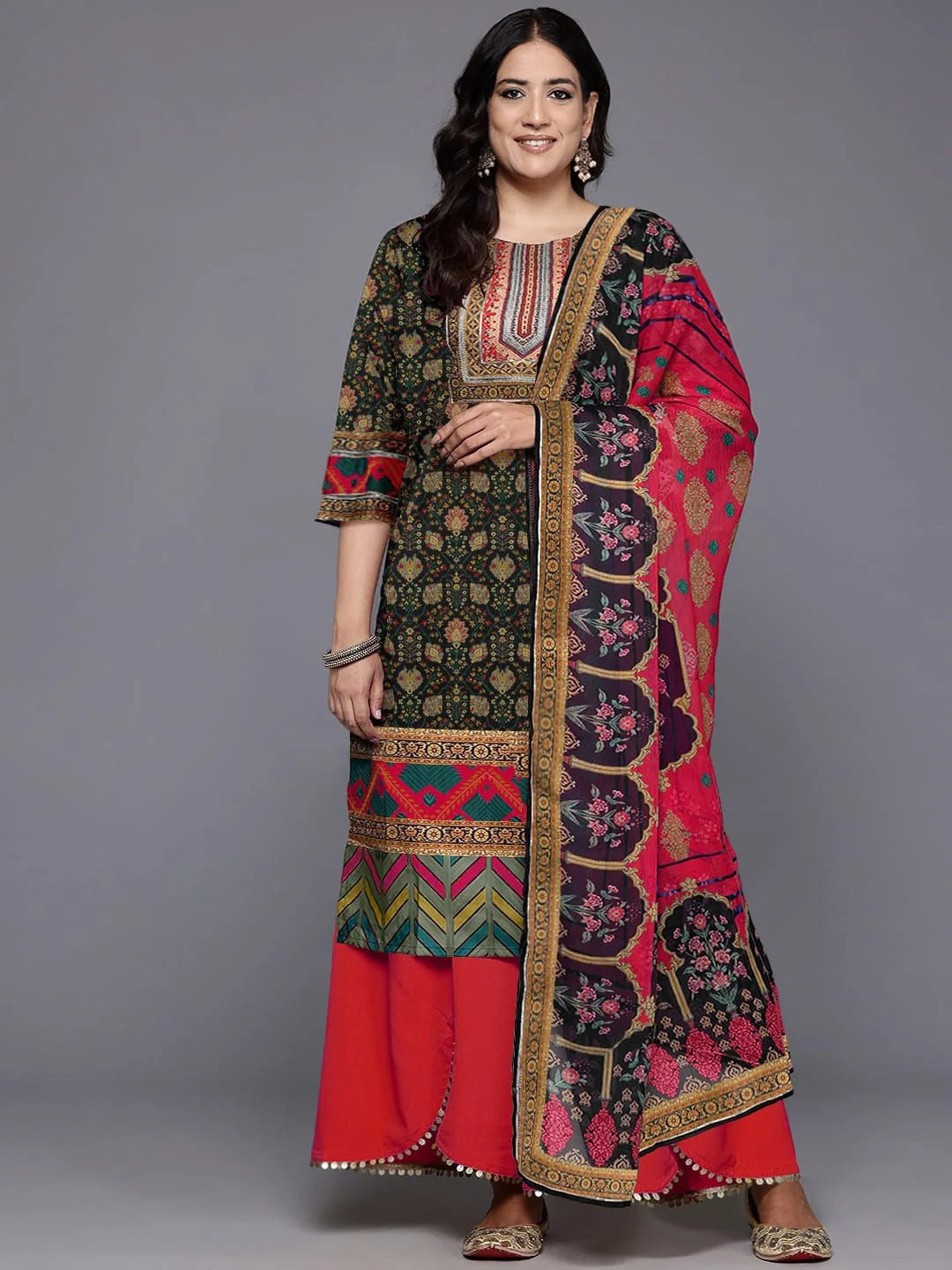 Printed Kurta and Palazzo Set with Dupatta - Round Neck