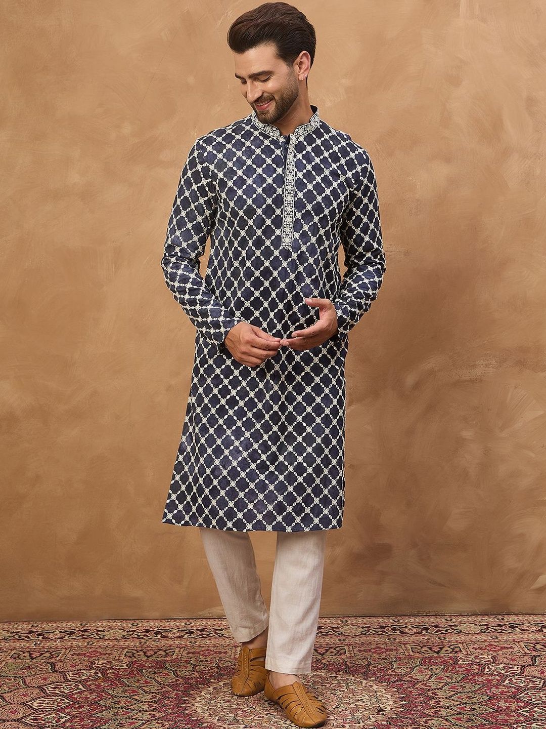 Ethnic Bay Men Blue Viscose Rayon Shibori Embroidered Straight Kurta With Pant Set-MKSET1534