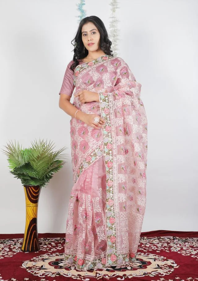 Embroidery Peach Saree With Unstiched Blouse Piece