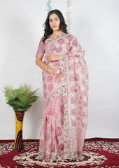 Embroidery Peach Saree With Unstiched Blouse Piece-MWPK-304-PEACH