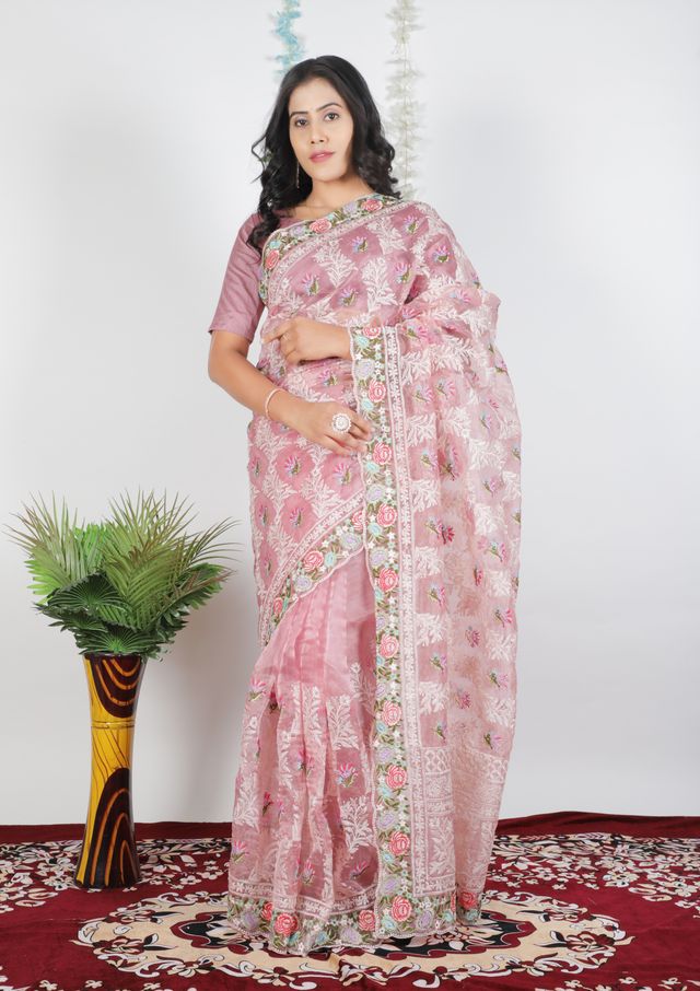 Embroidery Peach Saree With Unstiched Blouse Piece