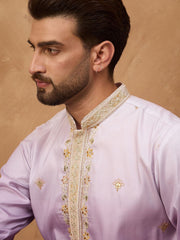Ethnic Bay Men Purple Silk Blend Solid Embroidered Straight Kurta With Pant Set-MKSET1487