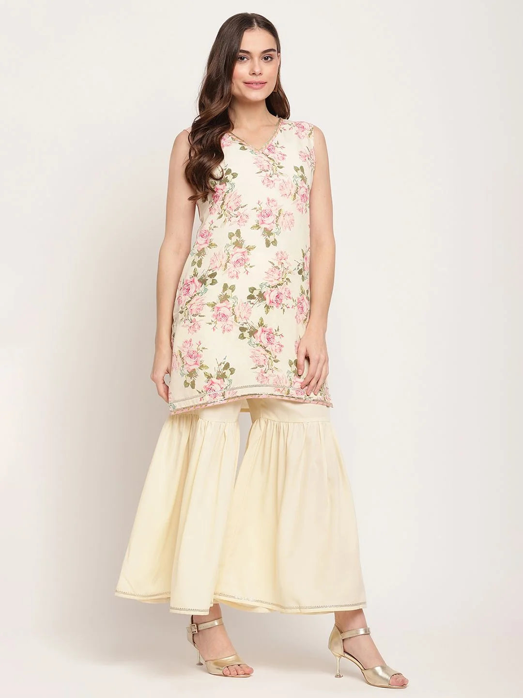 Beige Floral Print Sharara Set | Women's Designer Sharara Suits