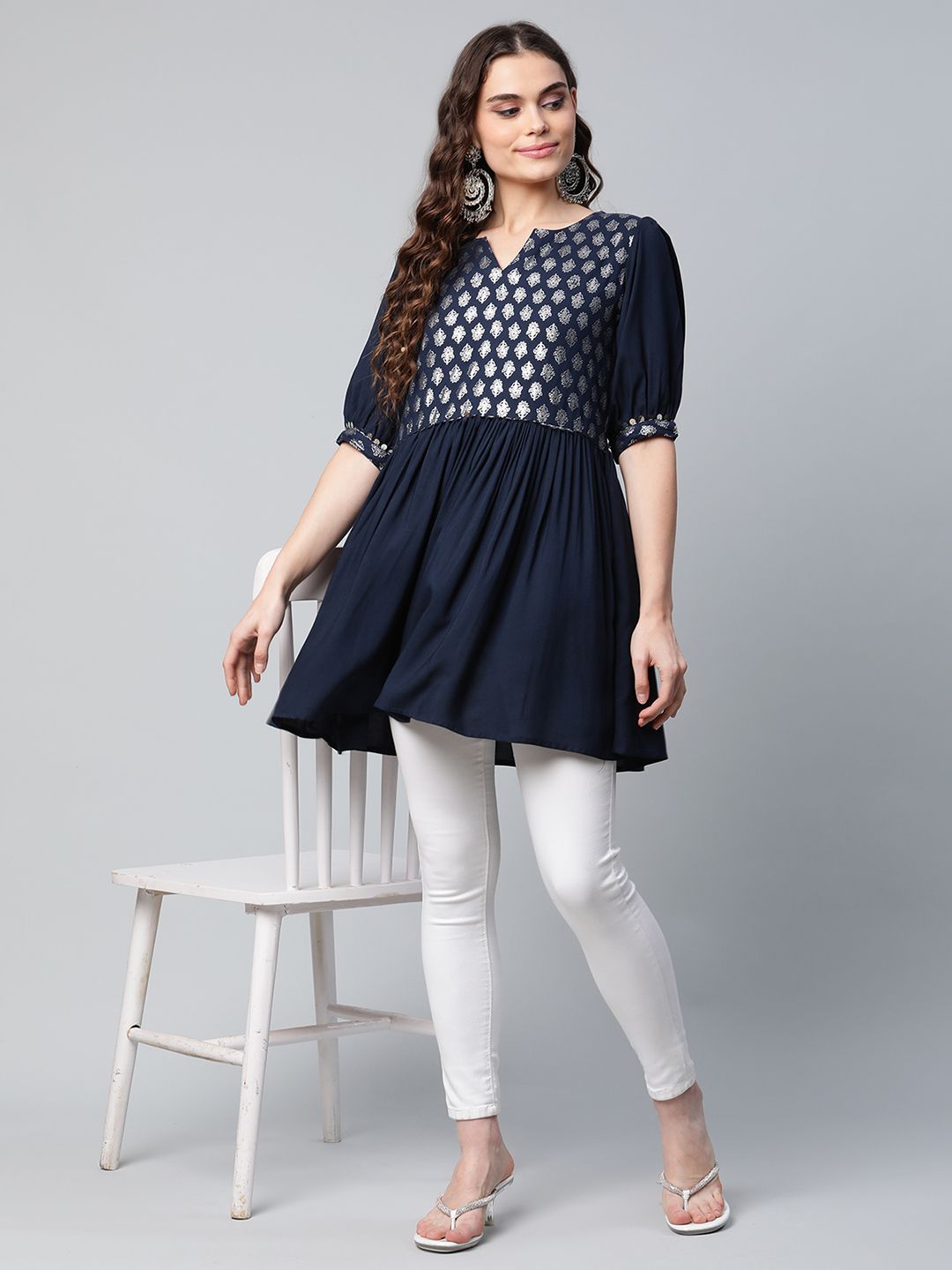 Silver Print Tunic Top - Navy Blue Indian Kurti for Ladies