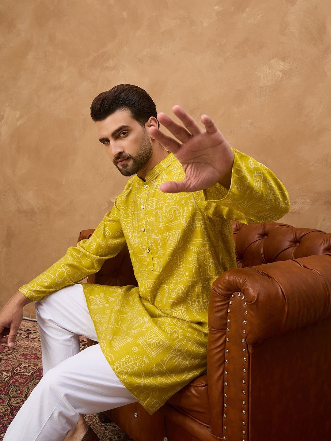 Ethnic Bay Men Yellow Viscose Rayon Ethnic Motifs Printed Straight Kurta With Pant Set-MKSET1542