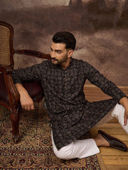 Ethnic Bay Men Black Viscose Rayon Ethnic Motifs Embroidered Straight Kurta With Pant Set-MKSET1405