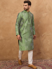 Ethnic Bay Men Green Silk Blend Geometric Printed Straight Kurta With Pant Set-MKSET1530