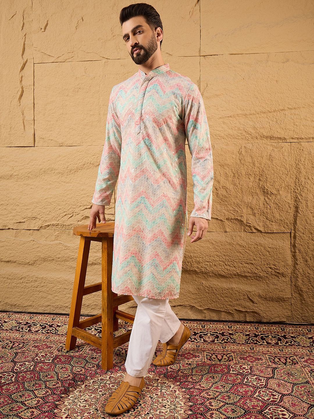 Ethnic Bay Men Multicolour Viscose Rayon Geometric Embroidered Straight Kurta With Pant Set-MKSET1193