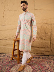 Ethnic Bay Men Multicolour Viscose Rayon Geometric Embroidered Straight Kurta With Pant Set-MKSET1193