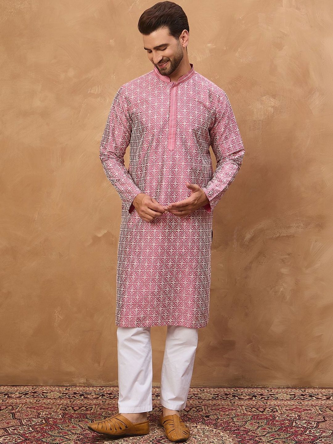 Ethnic Bay Men Pink Silk Blend Ethnic Motifs Printed Straight Kurta With Pant Set-MKSET1525