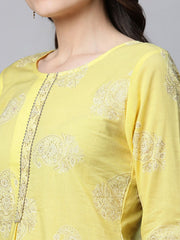 Yellow Pure Cotton Glitter Print Tunic-AHTUCORG-8074
