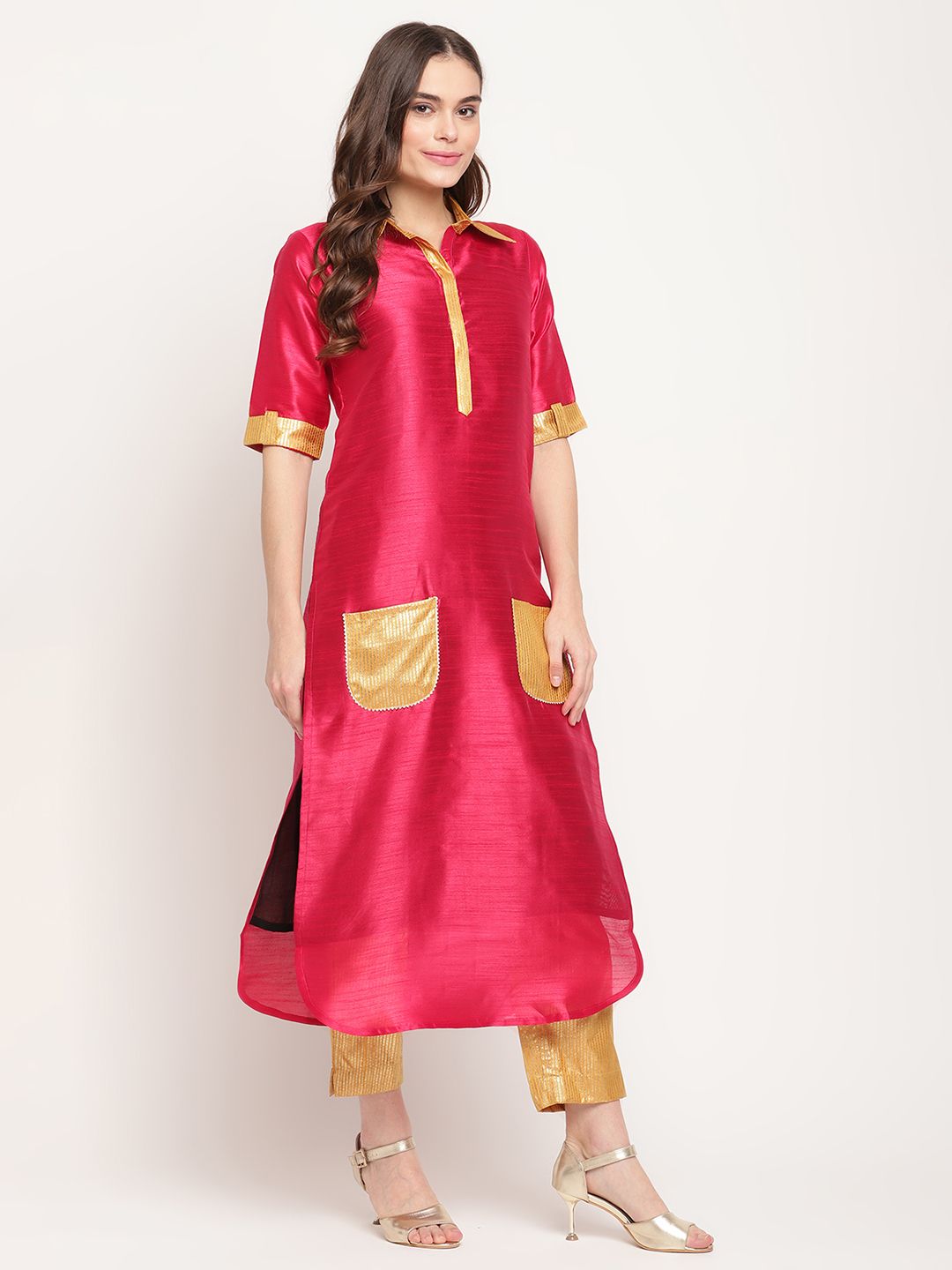 Dark Pink Poly Silk Printed Kurta Trouser Set | Indian Kurta Sets
