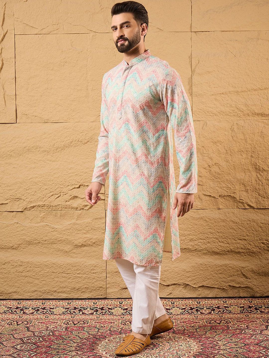 Ethnic Bay Men Multicolour Viscose Rayon Geometric Embroidered Straight Kurta With Pant Set-MKSET1193