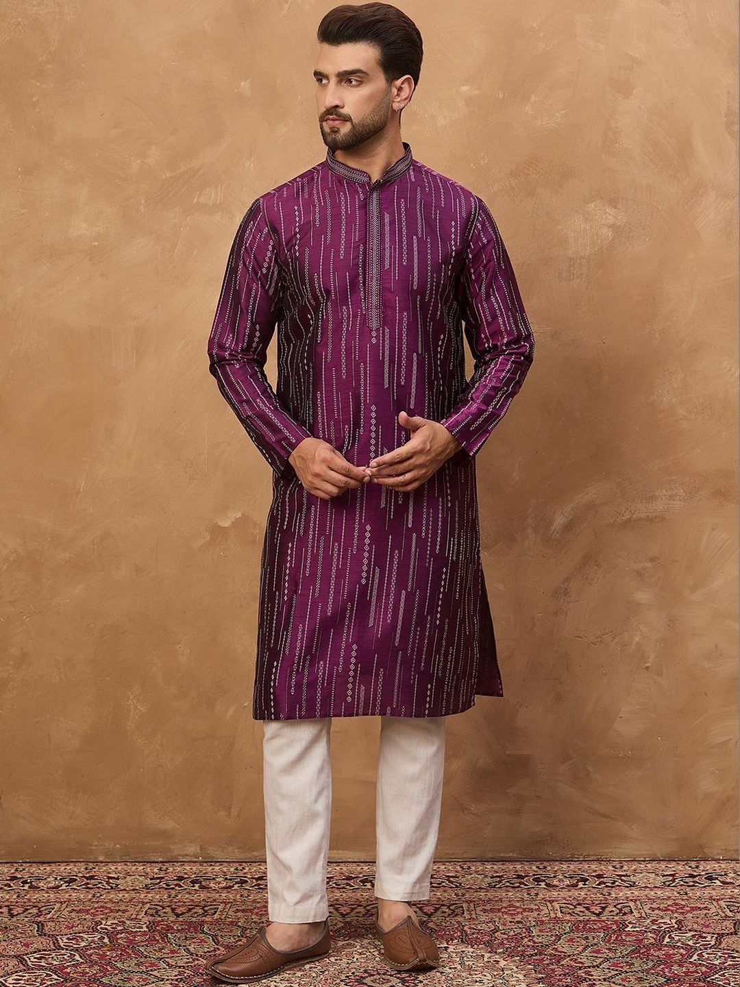 Ethnic Bay Men Purple Silk Blend Geometric Printed Straight Kurta With Pant Set-MKSET1518