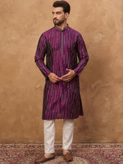 Ethnic Bay Men Purple Silk Blend Geometric Printed Straight Kurta With Pant Set-MKSET1518