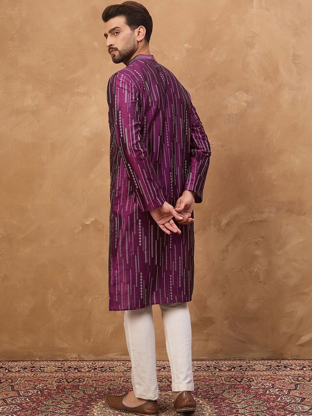 Ethnic Bay Men Purple Silk Blend Geometric Printed Straight Kurta With Pant Set-MKSET1518