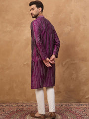 Ethnic Bay Men Purple Silk Blend Geometric Printed Straight Kurta With Pant Set-MKSET1518