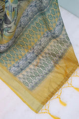 Linen Digital Print Yellow Saree With Unstiched Blouse Piece-MPHL-05-YELLOW