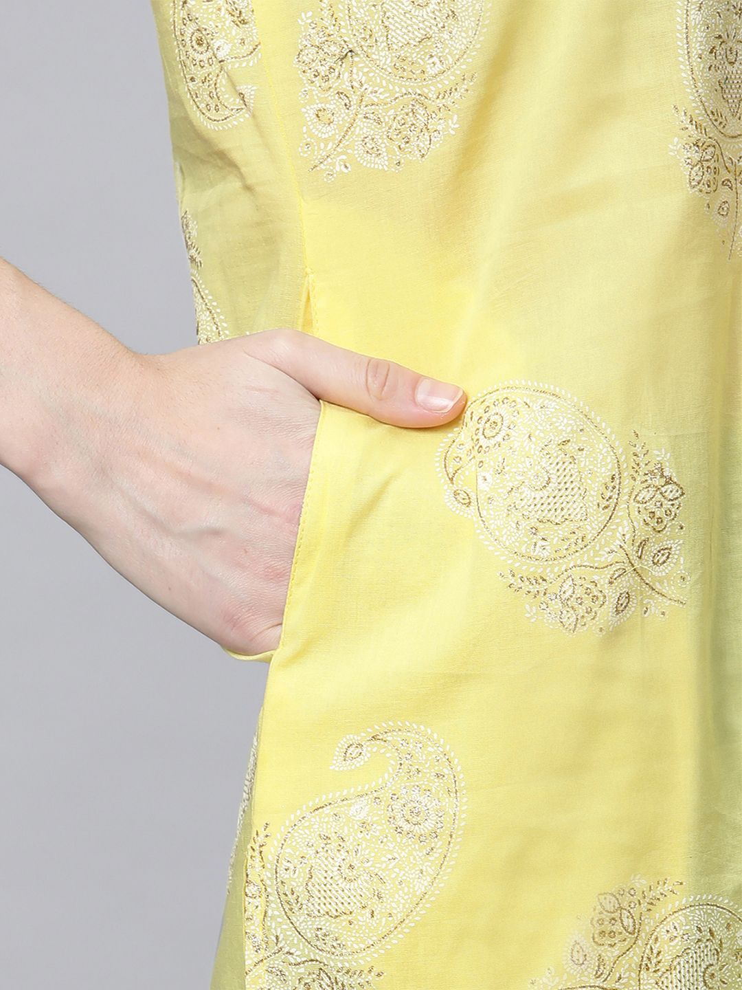 Yellow Glitter Print Tunic Top - Cotton Indian Kurta for Women